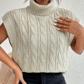 Vintage Solid Color Turtleneck Cap Sleeve Cable Knit Pullover Sweater Vest